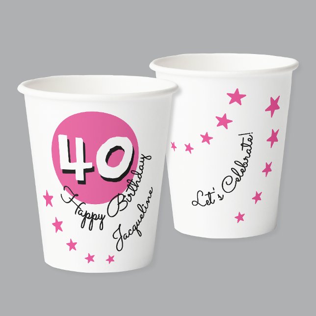 Happy Birthday 40th Pink Custom Name Paper Cups (Depiction of Birthday themed Paper Cups)
