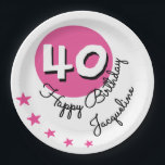 Happy Birthday 40th Pink Custom Name Paper Plate<br><div class="desc">Show what a big fan you are of the 40 year old at the 40th Birthday party with these unique Birthday themed Party Plates. The accent colour is pink and adorned with a modern number 40 on the circle in black and white. The Age can be edited with the simple...</div>