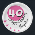Happy Birthday 40th Pink Custom Name Paper Plate<br><div class="desc">Show what a big fan you are of the 40 year old at the 40th Birthday party with these unique Birthday themed Party Plates. The accent colour is pink and adorned with a modern number 40 on the circle in black and white. The Age can be edited with the simple...</div>