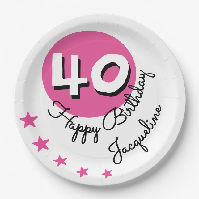 Happy Birthday 40th Pink Custom Name Paper Plate (Front)