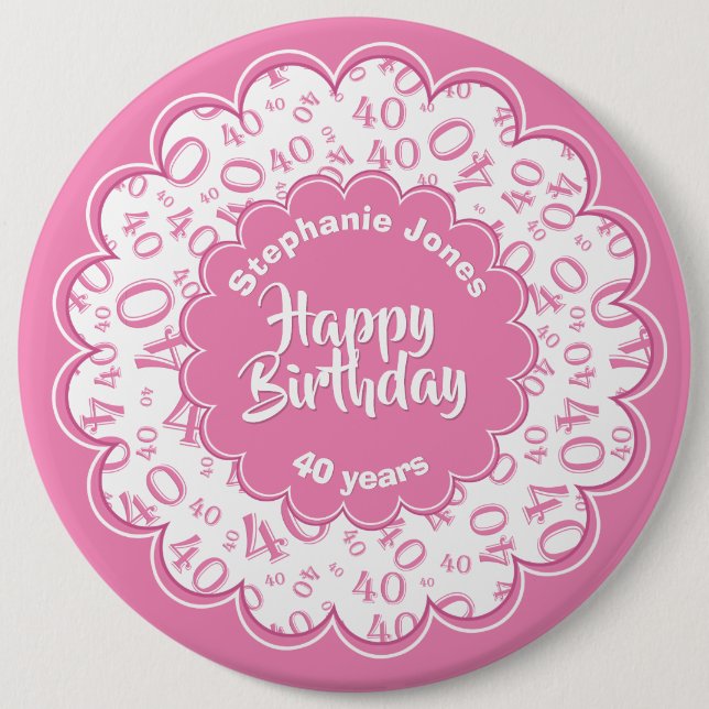 Happy Birthday, 40th Pink/White Number Pattern 6 Cm Round Badge (Front)