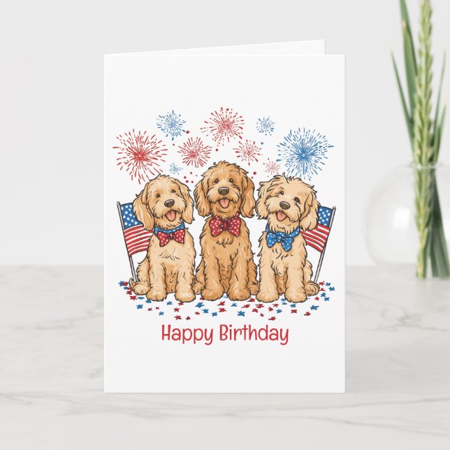 Happy Birthday 4th Of July Goldendoodle Dogs Card (Front)