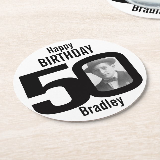 Happy birthday 50 name and photo paper coasters (Angled)