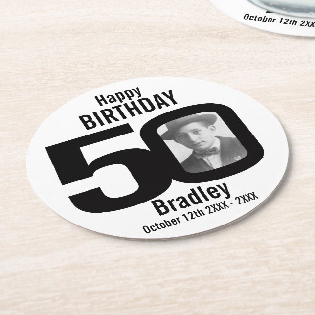 Happy birthday 50 name and photo years round paper coaster (Angled)