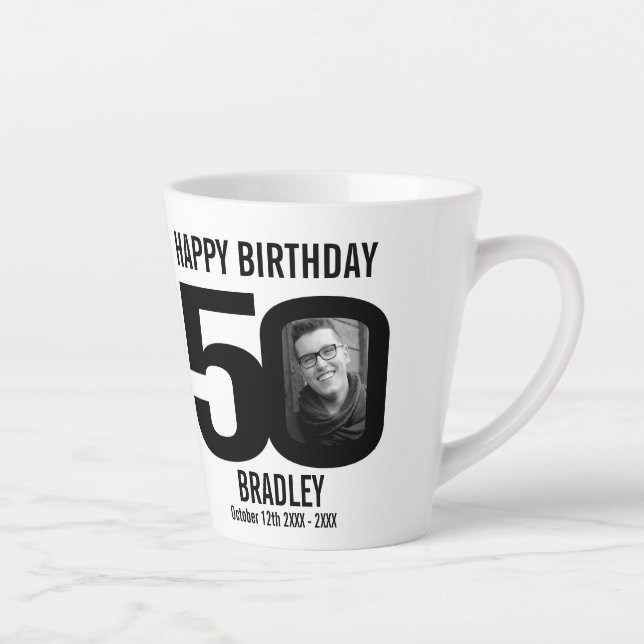 Happy birthday 50 name and two photos in year latte mug (Right)
