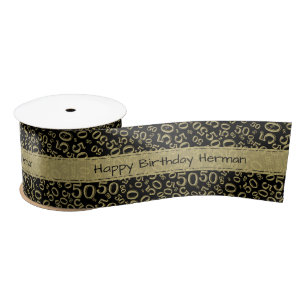 "Happy Birthday" 50 Number Pattern Gold and Black Satin Ribbon