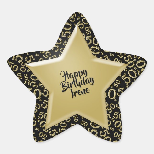 Happy Birthday: 50 Number Pattern Gold and Black Star Sticker (Front)