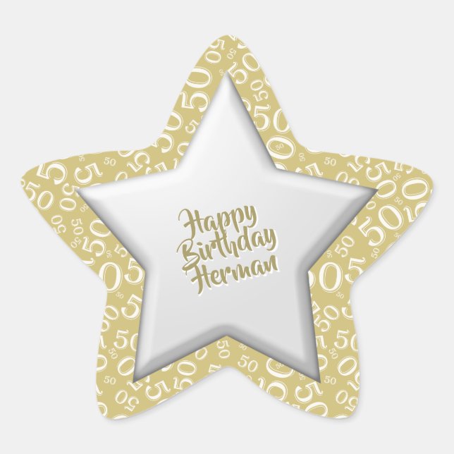 Happy Birthday: 50 Number Pattern Gold and White Star Sticker (Front)