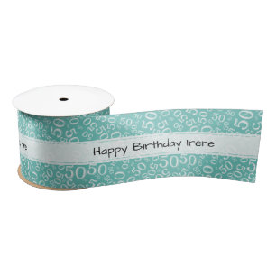 "Happy Birthday" 50 Number Pattern Teal and White Satin Ribbon