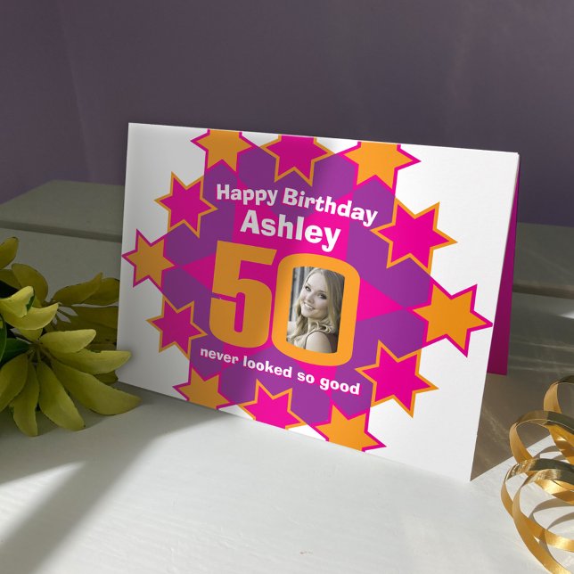 Happy birthday 50 pink stars custom name and photo card (Creator Uploaded)