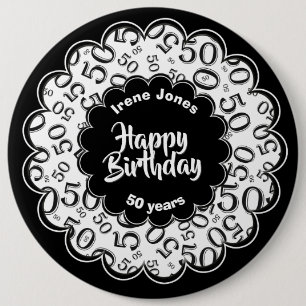 Happy Birthday, 50th Black/White Number Pattern 6 Cm Round Badge