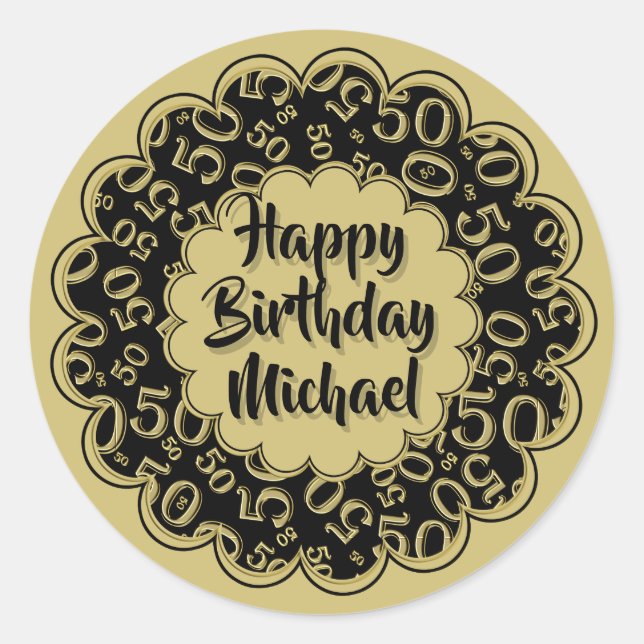 Happy Birthday 50th Cool Number Pattern Gold/Black Classic Round Sticker (Front)