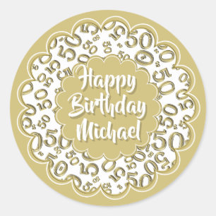 Happy Birthday 50th Cool Number Pattern Gold/White Classic Round Sticker