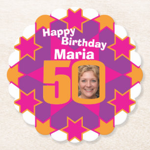 Happy birthday 50th name and photo paper coasters