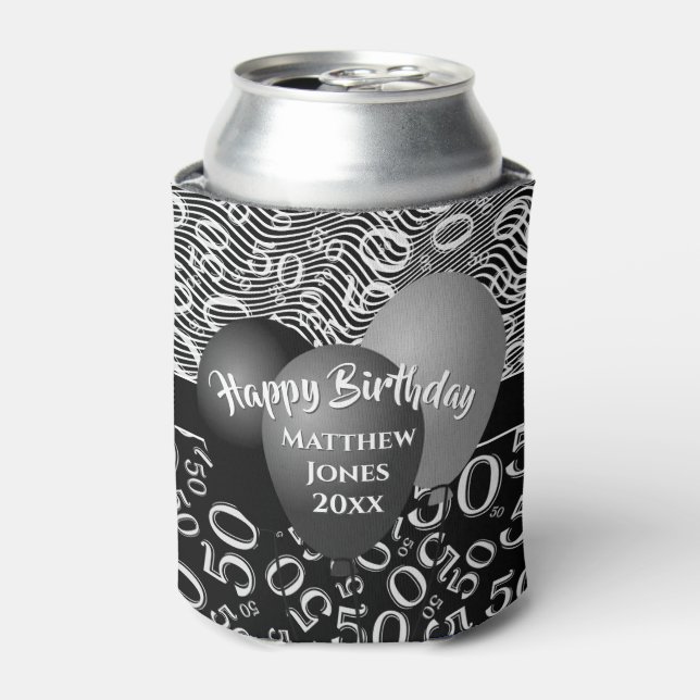 Happy Birthday 50th Number Pattern Black/White 50 Can Cooler (Can Front)