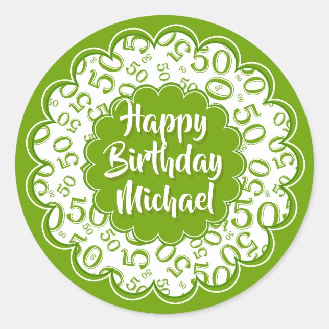 Happy Birthday 50th Number Pattern Green/White Classic Round Sticker (Front)