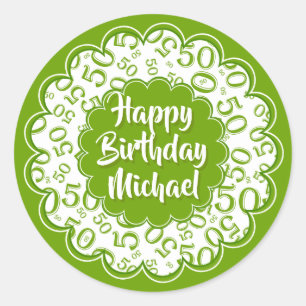 Happy Birthday 50th Number Pattern Green/White Classic Round Sticker