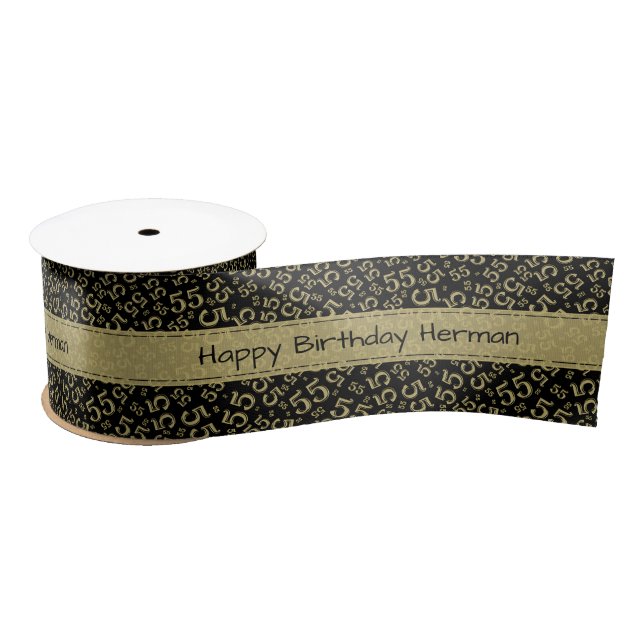 Happy Birthday 55 Number Pattern Black/Gold Satin Ribbon (Spool)