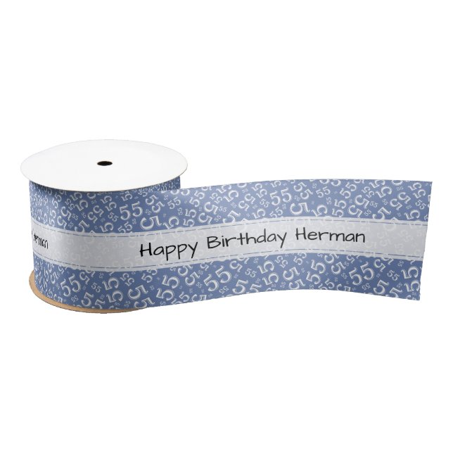 Happy Birthday 55 Number Pattern Blue/White Satin Ribbon (Spool)