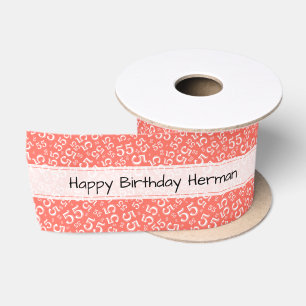 Happy Birthday 55 Number Pattern Coral/White Satin Ribbon