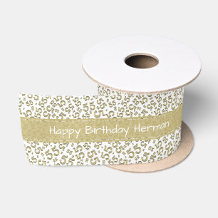 Happy Birthday 55 Number Pattern Gold/White Satin Ribbon