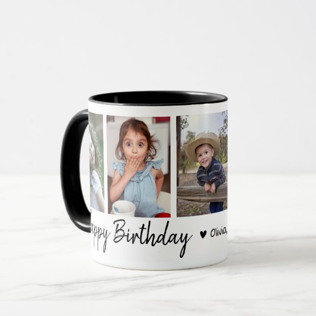Happy Birthday 5 Photo Collage Black And White Mug (Front Left)
