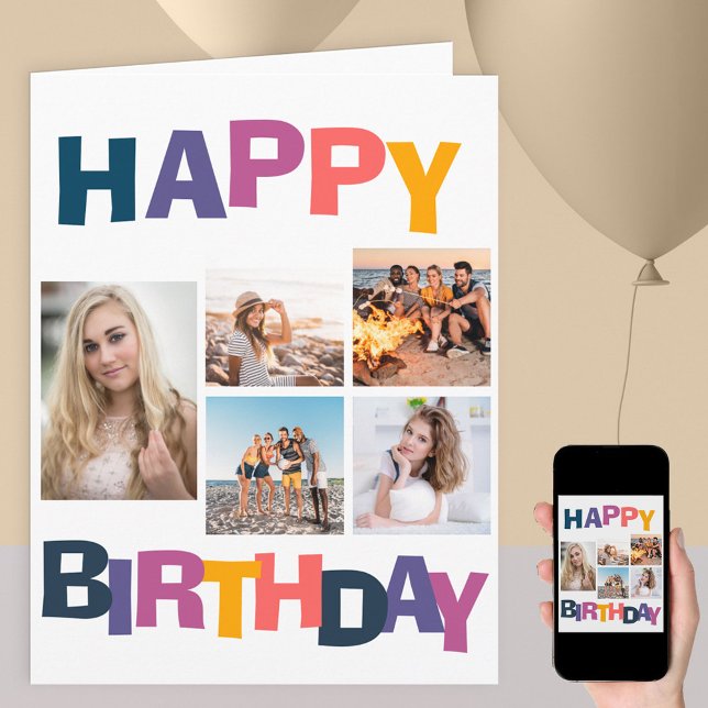 Happy Birthday 5 Photo Collage Colorful Card (Creator Uploaded)