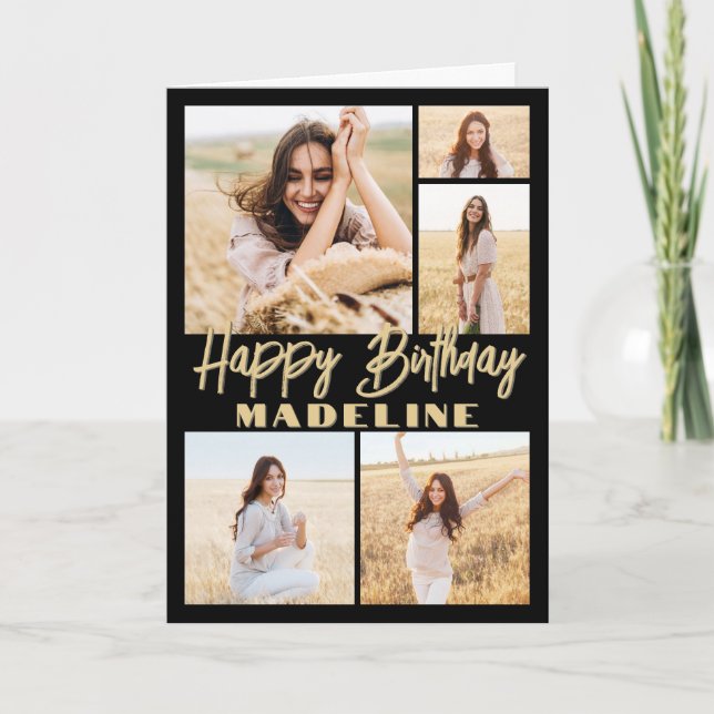 Happy Birthday 5 Photo Collage Modern Black & Gold Card (Front)