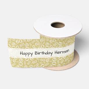 Happy Birthday 60 Number Pattern Gold/White Satin Ribbon