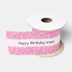 Happy Birthday 60 Number Pattern Pink/White Satin Ribbon