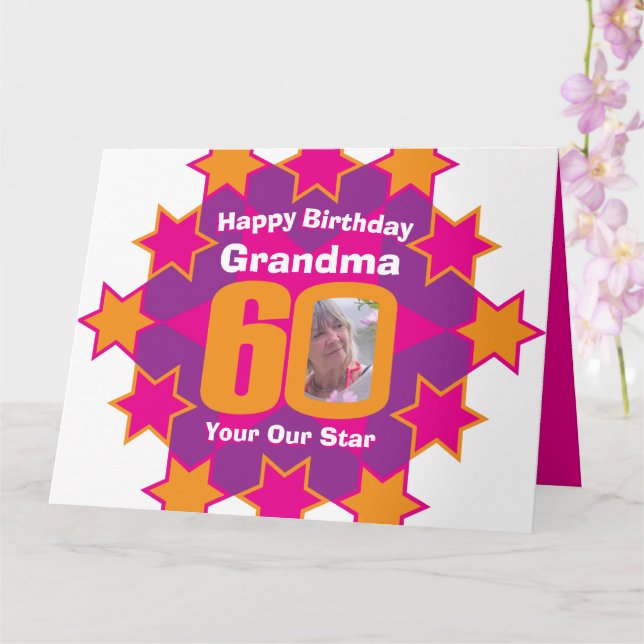 Happy birthday 60 pink stars grandma photo card (Orchid)
