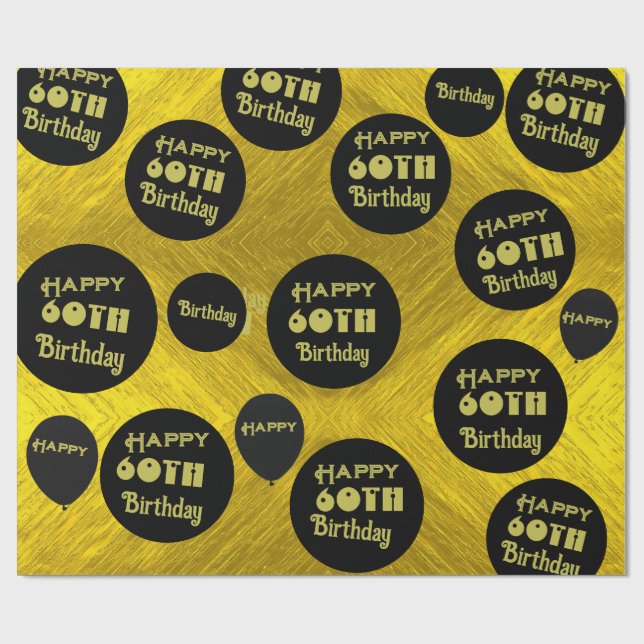 Happy Birthday 60th Black and Gold  Wrapping Paper (Flat)