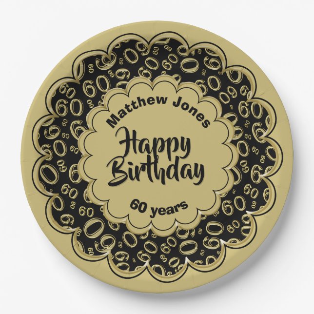 Happy Birthday 60th Black/Gold Number Pattern Paper Plate (Front)