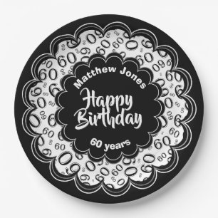 Happy Birthday 60th Black/White Number Pattern Paper Plate