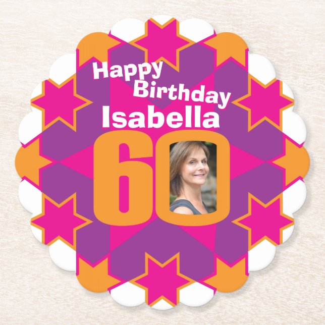 Happy birthday 60th name and photo paper coasters (Front)