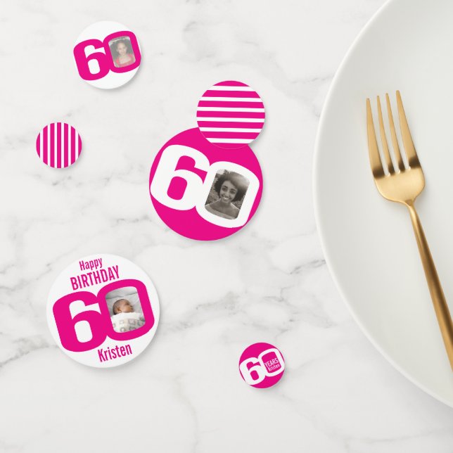 Happy birthday 60th name photo pink white confetti (Group)