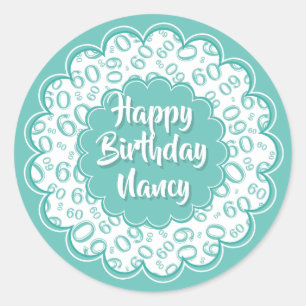 Happy Birthday 60th Number Pattern Teal and White Classic Round Sticker