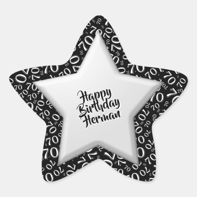 Happy Birthday: 70 Number Pattern Black and White Star Sticker (Front)