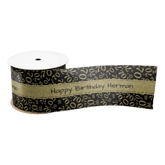 "Happy Birthday" 70 Number Pattern Gold and Black Satin Ribbon (Spool)