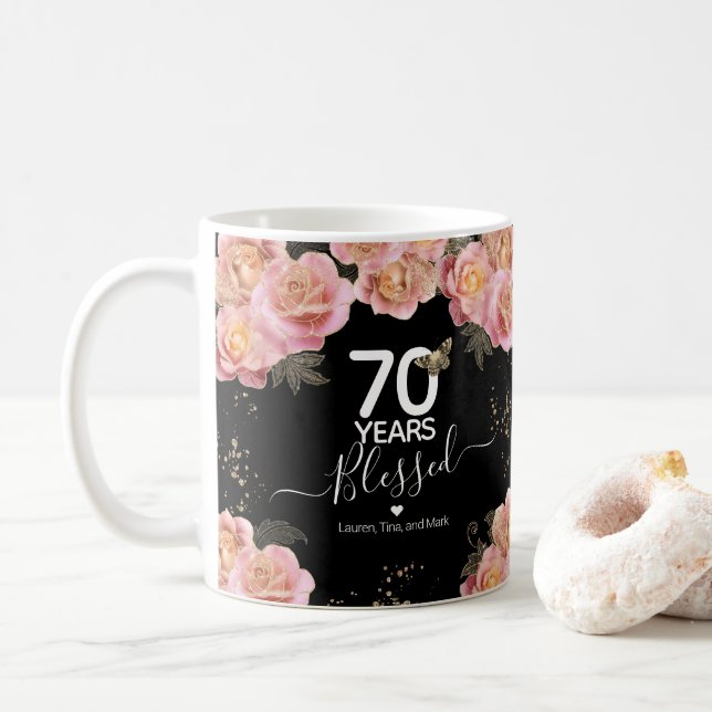 Happy Birthday 70 Years Blessed Pink Floral Coffee Mug (With Donut)