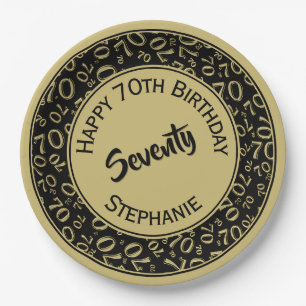 Happy Birthday 70th Black/Gold Number Pattern Paper Plate
