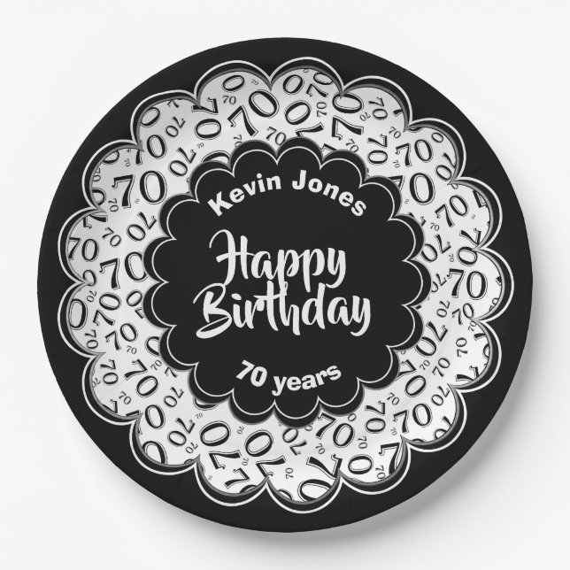 Happy Birthday 70th Black/White Number Pattern Paper Plate (Front)