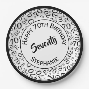 Happy Birthday 70th Black/White Number Pattern Paper Plate