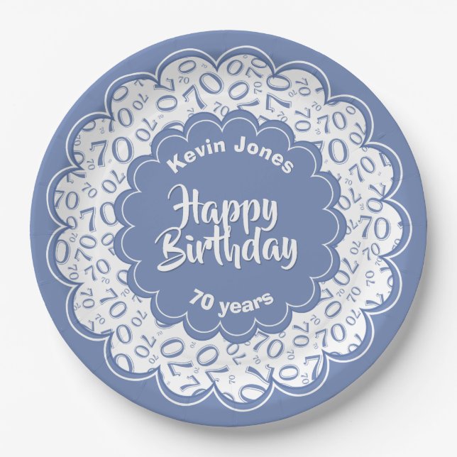 Happy Birthday 70th Blue/White Number Pattern Paper Plate (Front)