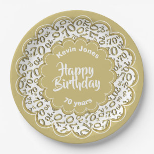 Happy Birthday 70th Gold/White Number Pattern Paper Plate