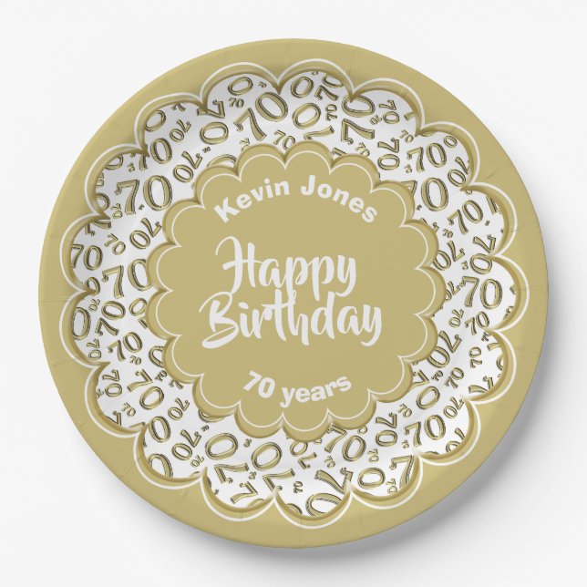 Happy Birthday 70th Gold/White Number Pattern Paper Plate (Front)