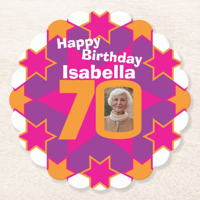 Happy birthday 70th name and photo paper coasters (Front)