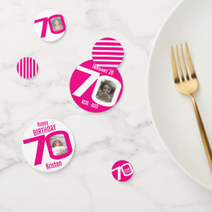 Happy birthday 70th name photo pink white confetti
