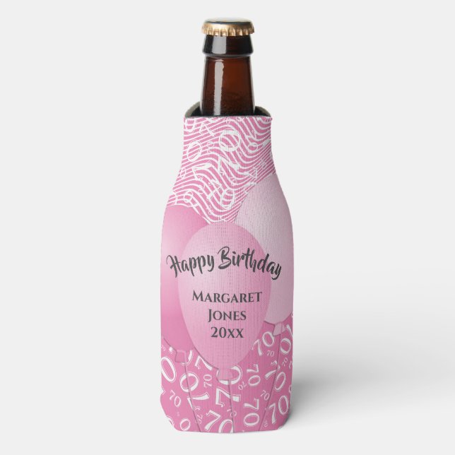Happy Birthday 70th Number Pattern Pink and White Bottle Cooler (Bottle Front)