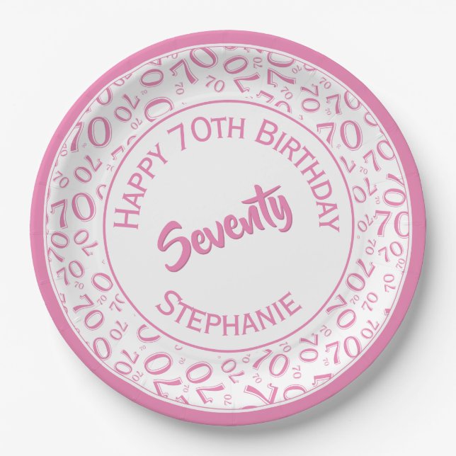 Happy Birthday 70th Pink/White Number Pattern Paper Plate (Front)